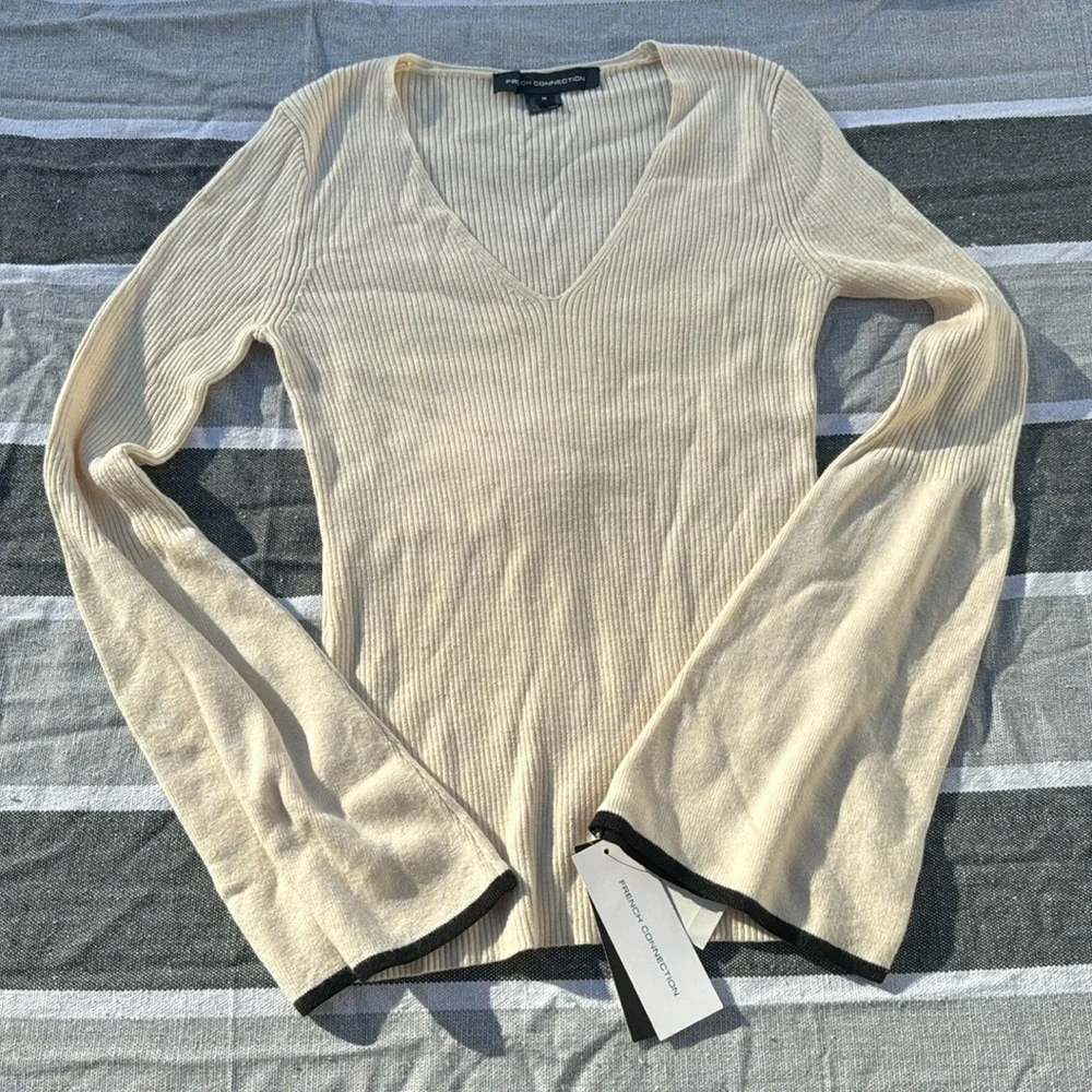 French Connection Virgie White Ribbed Bell Sleeve Sweater, Medium - Picture 3 of 7